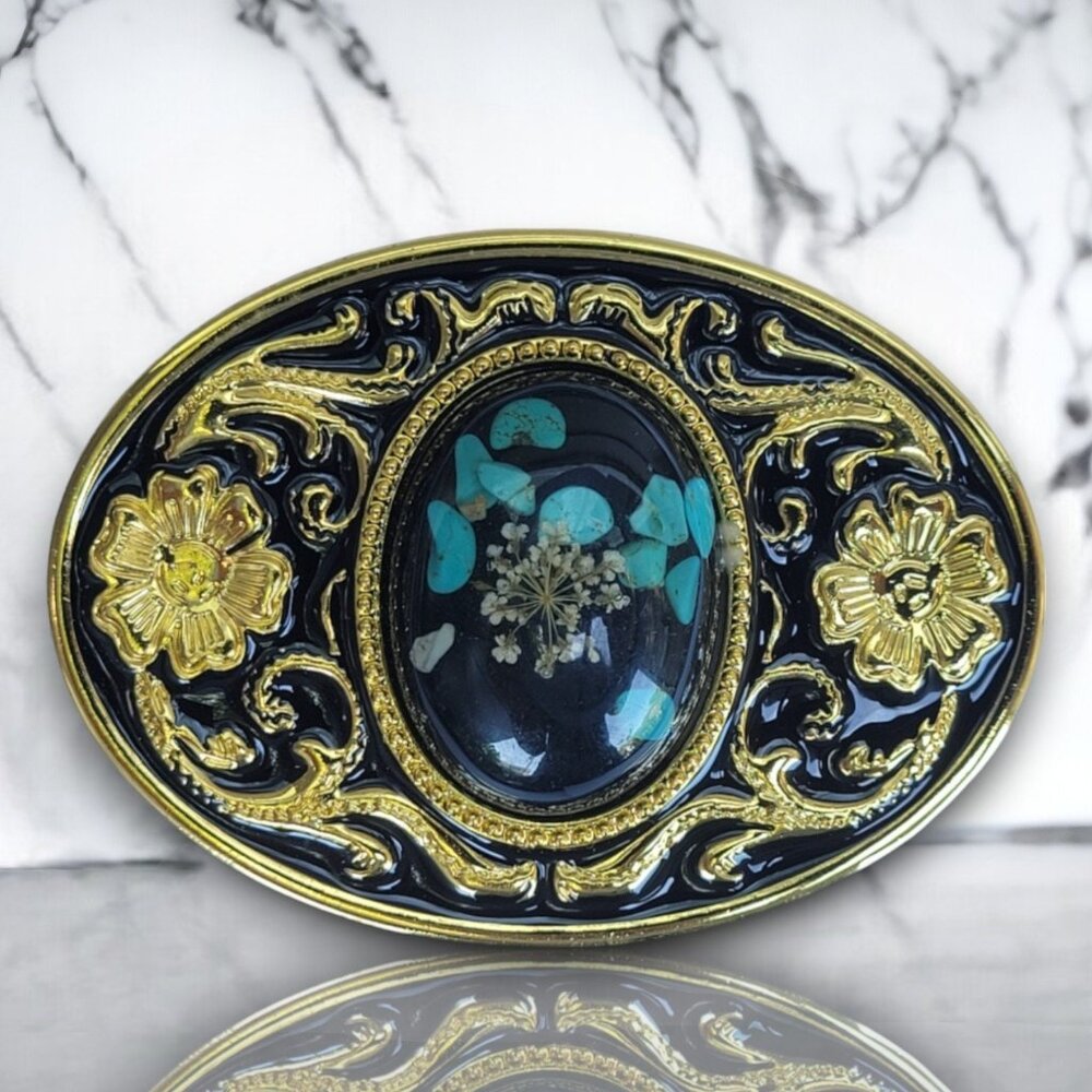 Turquoise Gem Stones and Wild Flower Belt Buckle | Black And Gold Metal Buckle